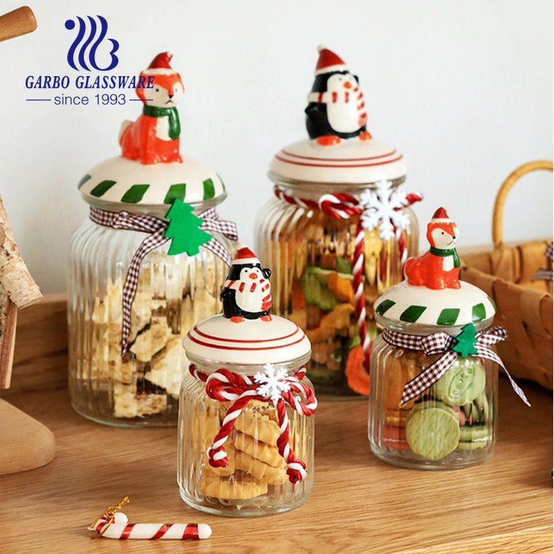 Wholesale Christmas Gift Clear Large Candy Biscuit Glass Storage Jar Set with Decorative Ceramic Lid