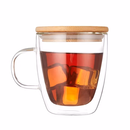 Glass Cup Double Wall Beer Mug with Handle and Bamboo Lid