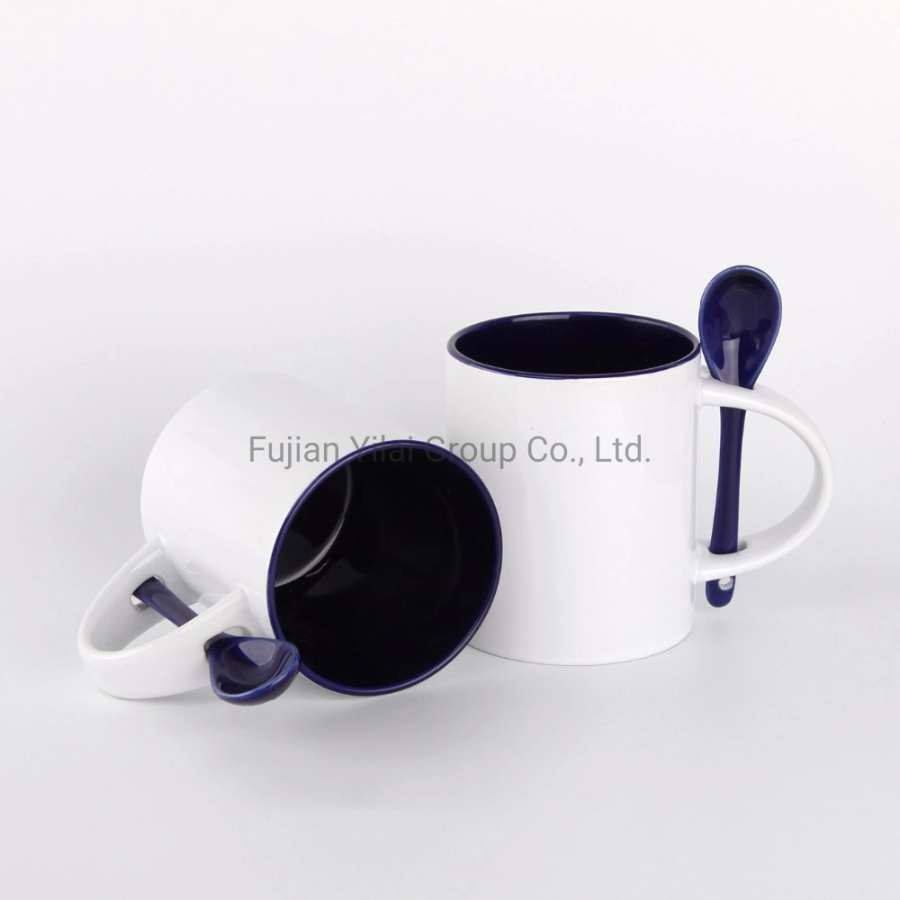 Customized 11 Oz High Quality Inner Color Coffee Cup Drinking Coated Spoon Handle Sublimation Ceramic Mug